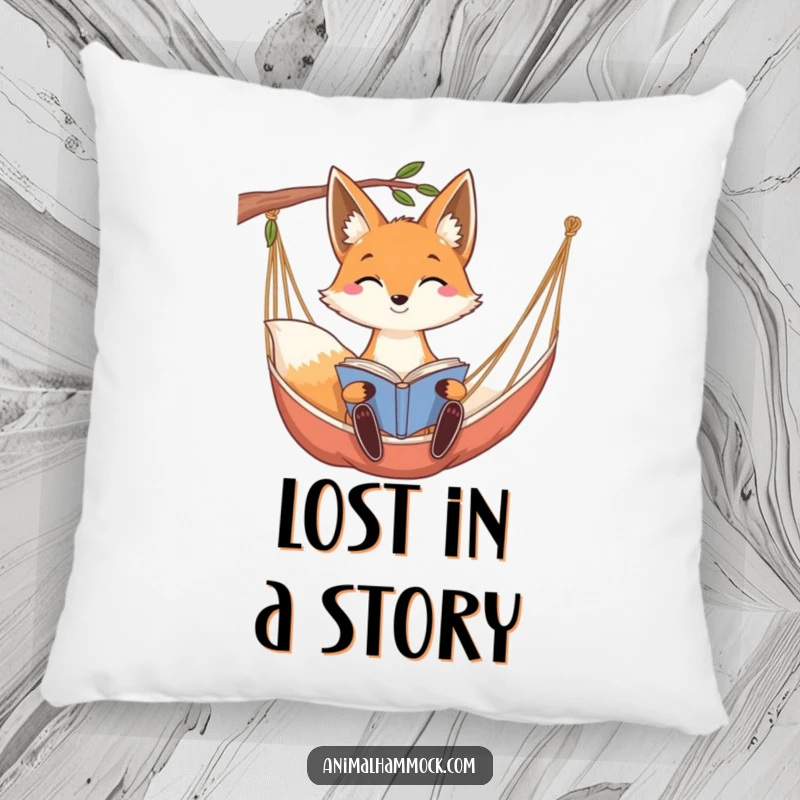 Funny smiling fox with long ears reading a book while relaxing in a hammock, perfectly depicted on a soft pillow.