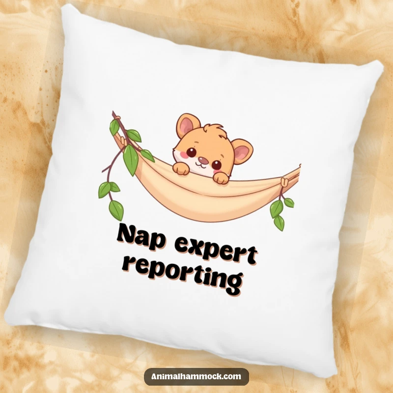 Funny pillow with a charming animal peeking over a hammock, adding a touch of whimsy and comfort to any seating area.
