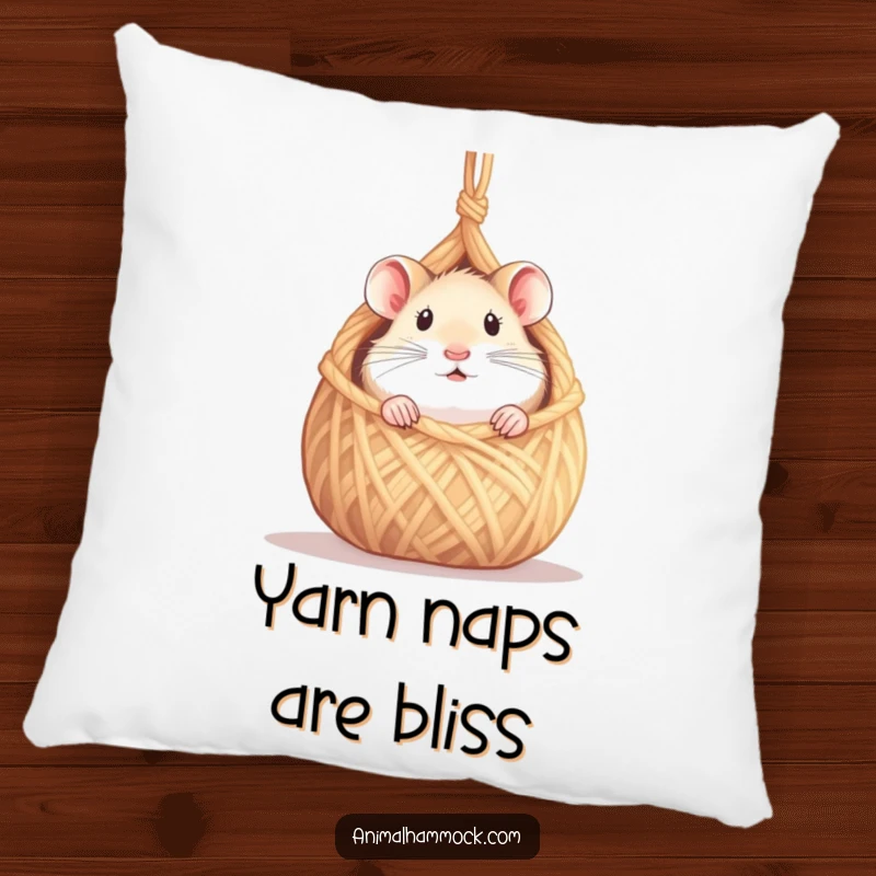 Funny hamster pillow with a curious hamster peeking from a tiny hammock made of yarn, perfect for comfort and humor, an ideal funny gift.