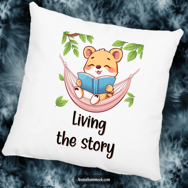 Funny pillow featuring a happy animal reading a book in a hammock, perfect for adding comfort and a hilarious dose of relaxation.