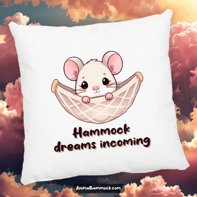 Funny mouse peeking from a hammock net, designed on a soft, decorative pillow. A humorous and comforting accent piece.