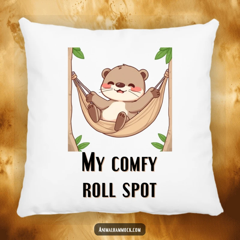 Funny Otter Pillow, a playful otter character rolling around happily inside a hammock, offering plush comfort and smiles.