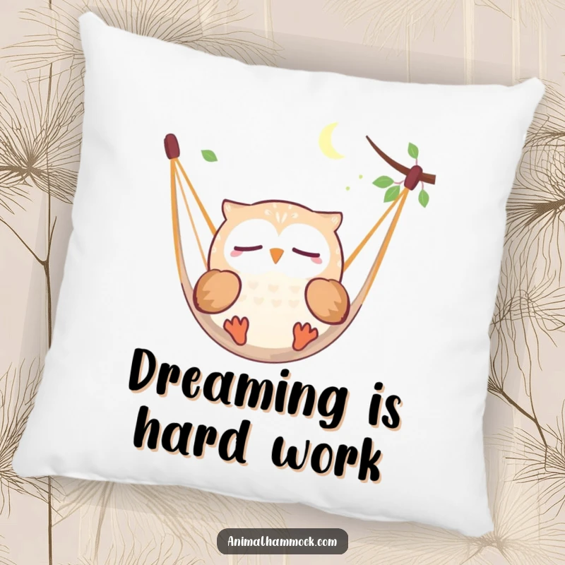 Funny, plush pillow showing a round owl dreaming while floating in a hammock, offering cozy comfort and a whimsical touch.