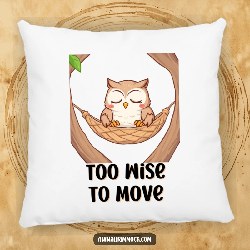 Funny contented owl with closed eyes nestled comfortably in a woven hammock, perfectly depicted on a soft pillow.