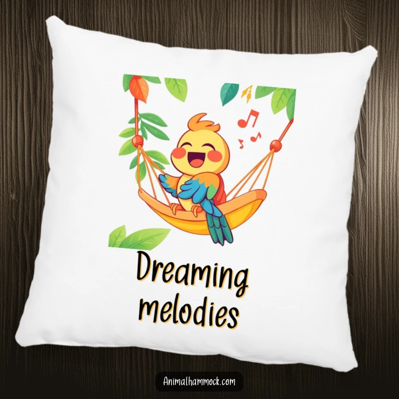 Funny joyous parrot singing from a brightly colored hammock, printed on a soft pillow, offering comfort, charm, and humorous vibrancy.