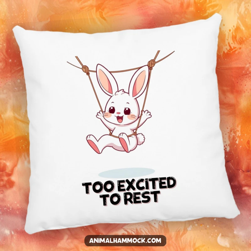 Funny pillow showing a happy bunny character kicking its legs with glee while suspended in a hammock, bringing soft, playful comfort.