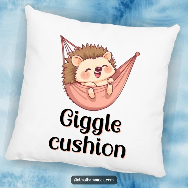 Funny pillow showing a hedgehog joyfully rolling into a hammock, offering comfort and a generous dose of humor. Ideal gift.