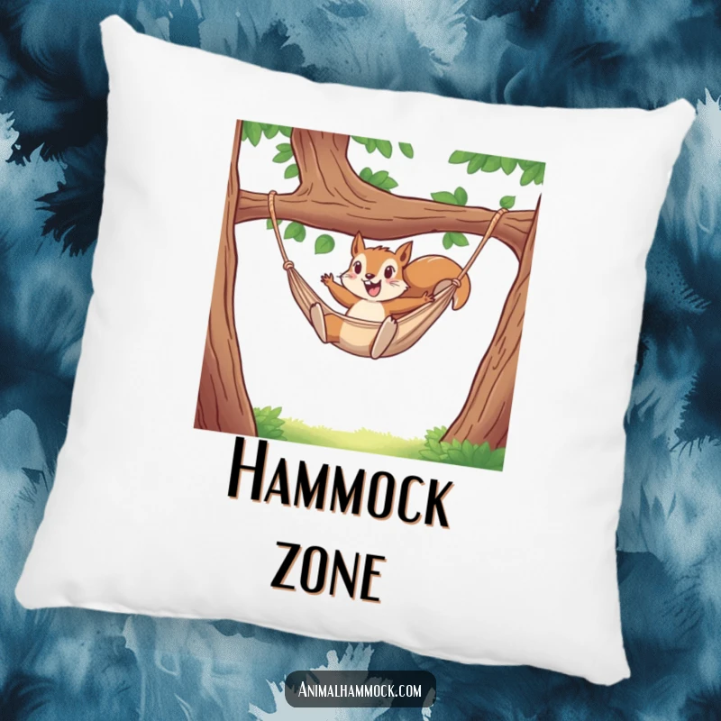 Funny pillow showing a squirrel gleefully plunging into a hammock, offering comfort and a dose of silliness. Ideal gift.
