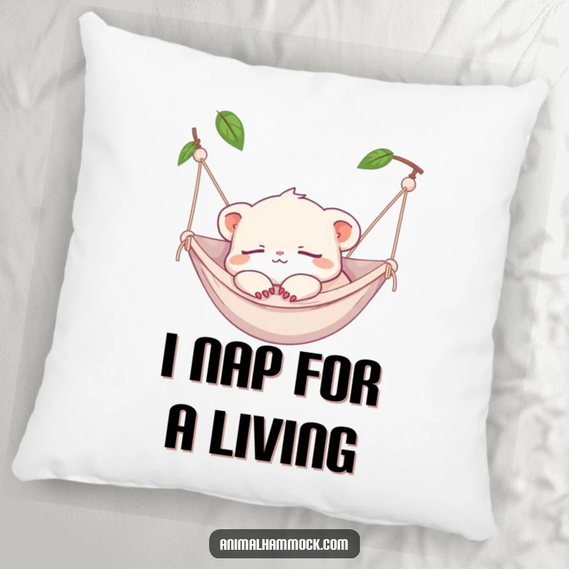 Funny Pillow: A tiny creature napping peacefully in a hammock, paws dangling, providing ultimate comfort and relaxation.