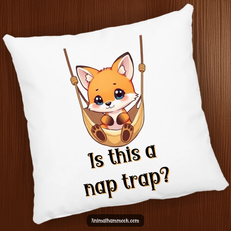 Funny small fox with a curious expression, gazing at a hammock, a soft and humorous pillow design.