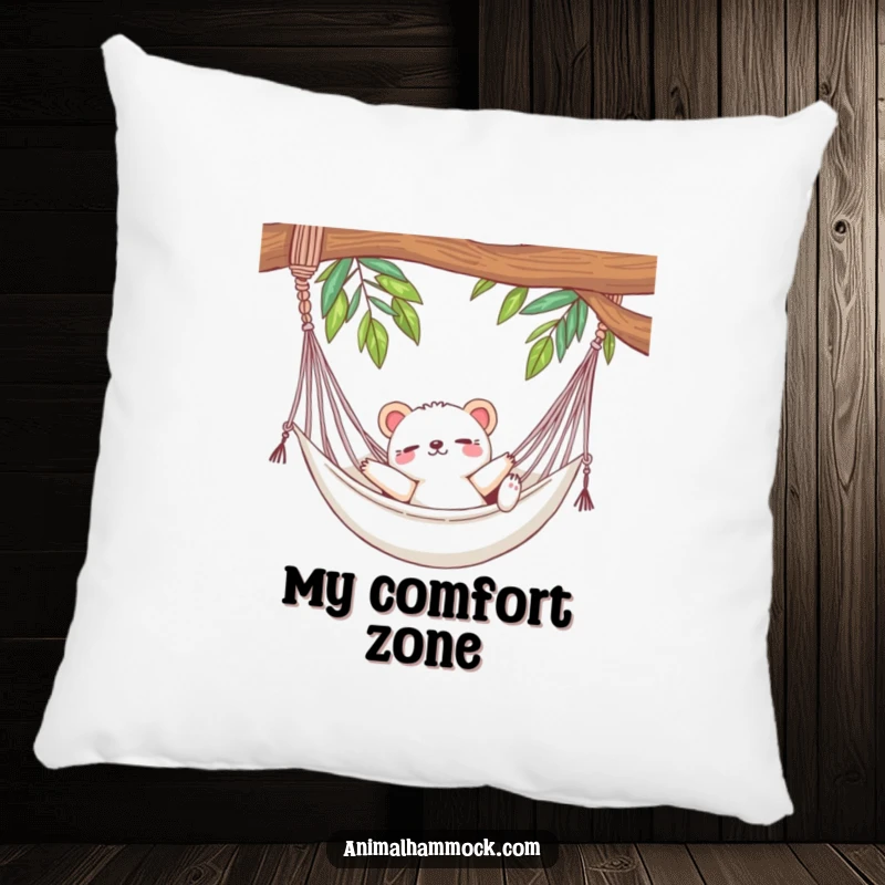 Funny pillow featuring a cute animal luxuriously stretching in a hammock, perfect for adding comfort and a hilarious dose of relaxation.
