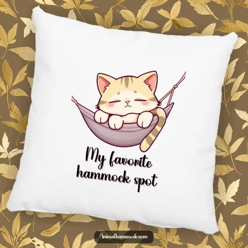 Funny pillow with a sleepy cat lounging on a hammock edge, offering comfort and a dose of humorous feline laziness.