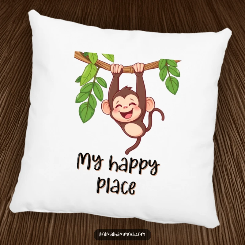 Funny monkey pillow design featuring a giggling primate dangling upside down from a hammock, radiating pure joy and silliness.