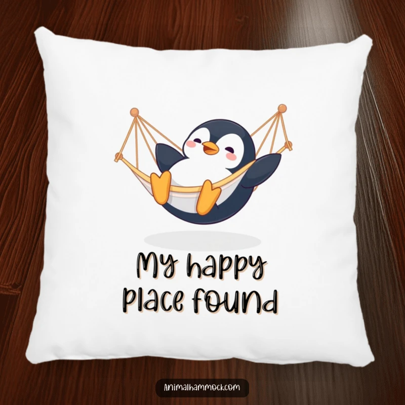 Funny Penguin Pillow: A plush pillow depicting a happy penguin sliding into a hammock, adding comedic charm and arctic whimsy.