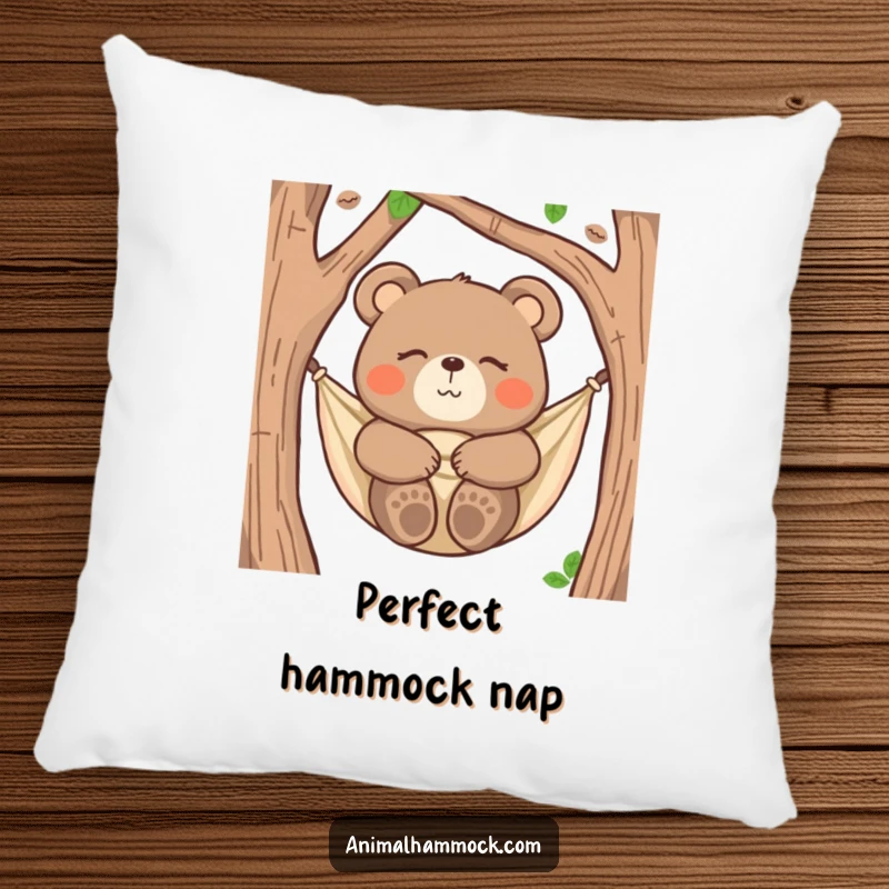 Funny bear pillow showing a happy bear snuggled in a hammock, eyes closed, offering comfort and humorous relaxation.