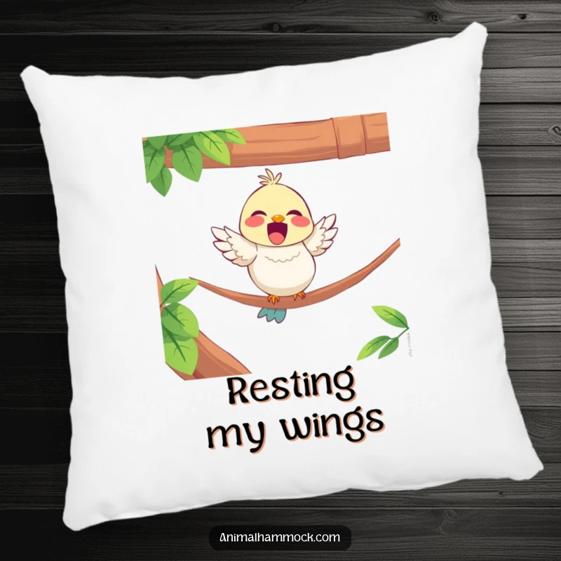Funny pillow with a delighted bird character perched on the edge of a hammock, adding comfort and cheerful vibes.