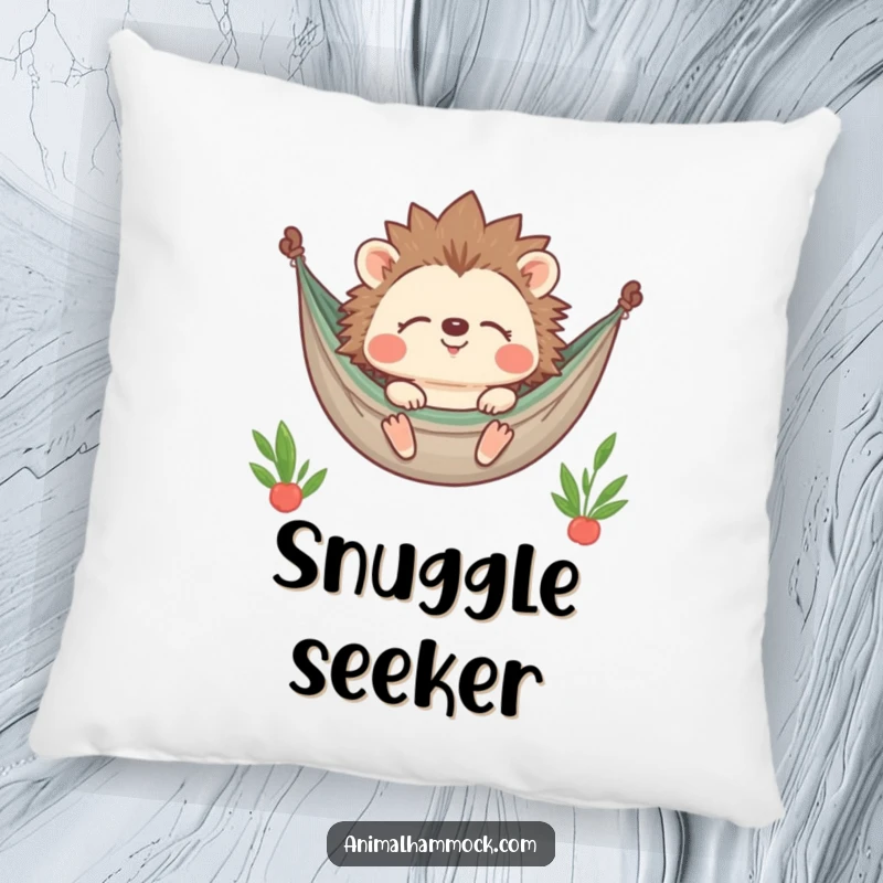 Funny Hedgehog Pillow depicting a contented character smiling with closed eyes while relaxing in a hammock, a soft and humorous decorative accent.