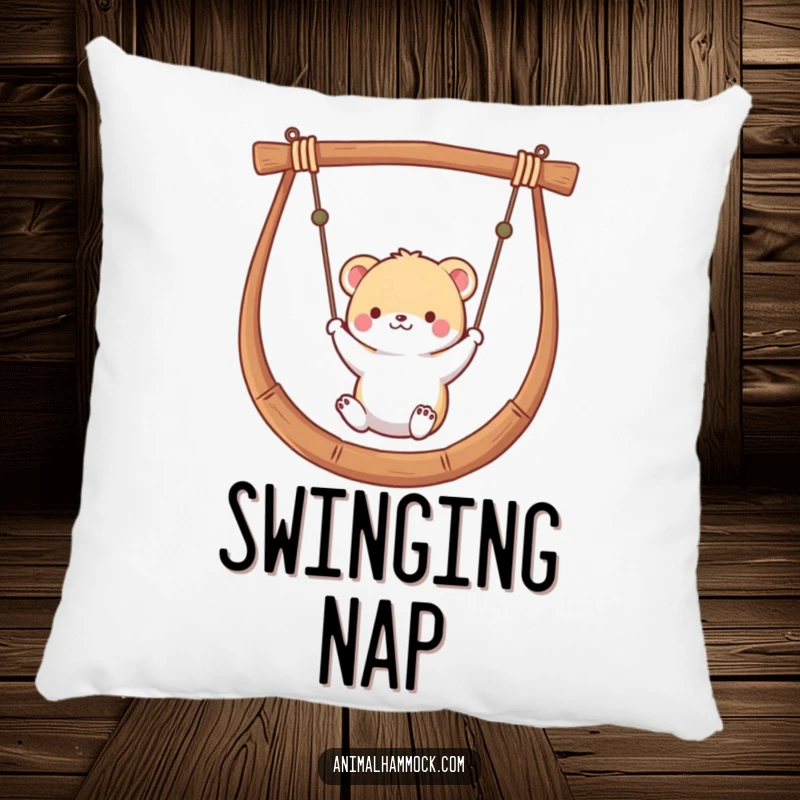 Funny pillow depicting a small animal peacefully swinging in a hammock, providing comfort and a relaxing aesthetic for any space.