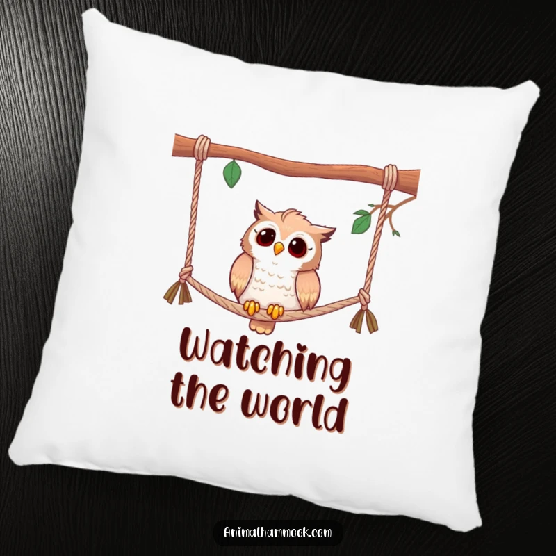 Funny pillow with a curious owl perched on hammock ropes, offering comfort and a dose of humorous introspection.