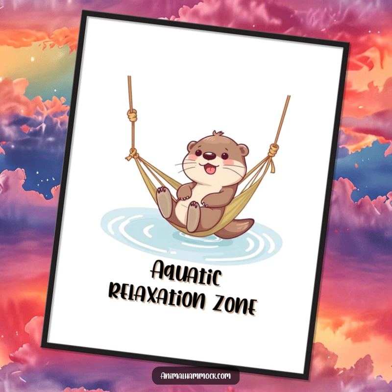 Funny digital art print of a giggling otter character floating in a hammock tied to water, embodying peaceful aquatic fun.
