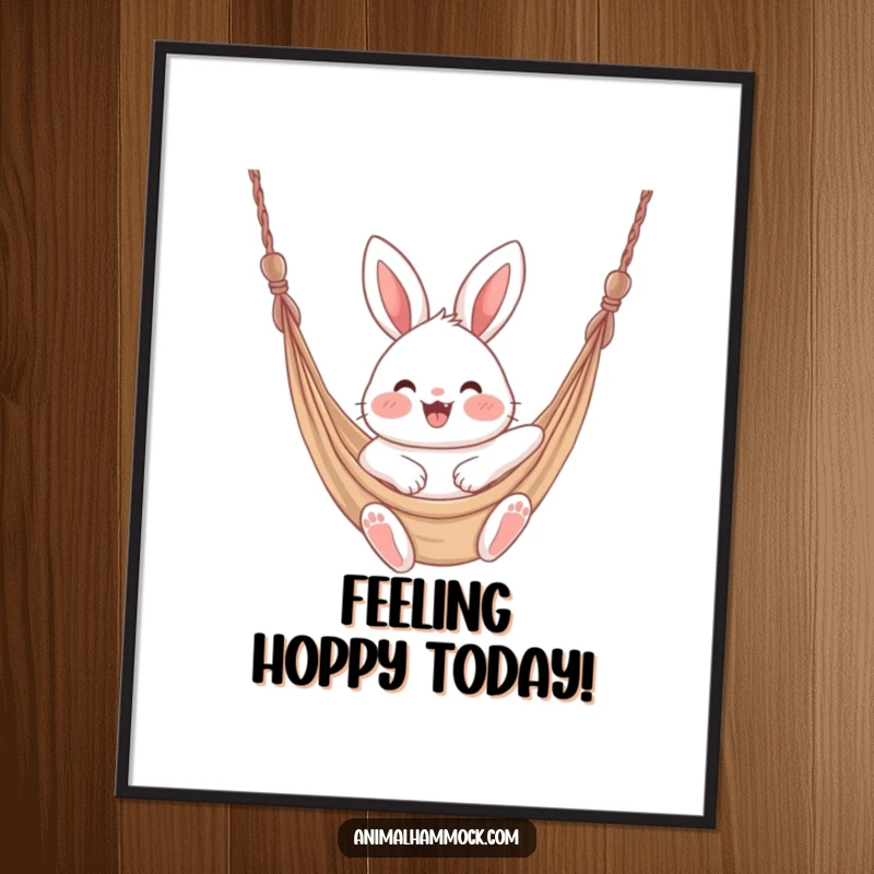 Funny fluffy bunny with rosy cheeks bouncing excitedly in a hammock, a cheerful digital art print for walls.
