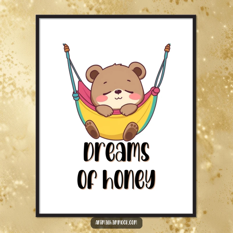 Funny Bear Cub Digital Art Print of a smiling cub blissfully fast asleep in a colorful hammock, bringing humor and tranquility to any screen.