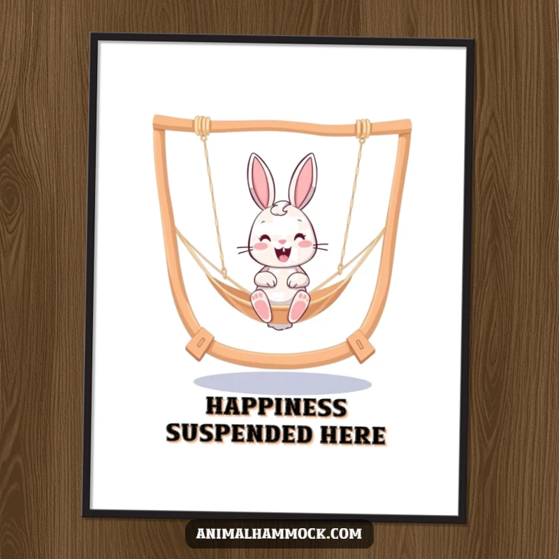 Funny cheerful bunny joyfully bouncing in a swinging hammock, high-resolution digital art print for instant cheerful decor.