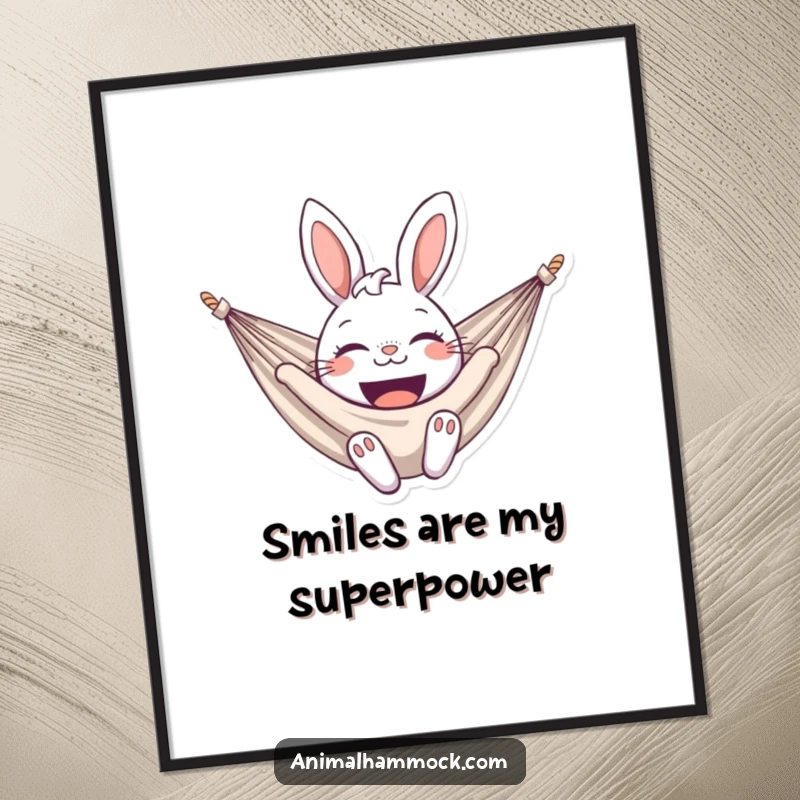 Funny bunny digital art print of a delighted bunny smiling broadly in a hammock, ideal for instant, humorous home decor. High-quality and amusing.