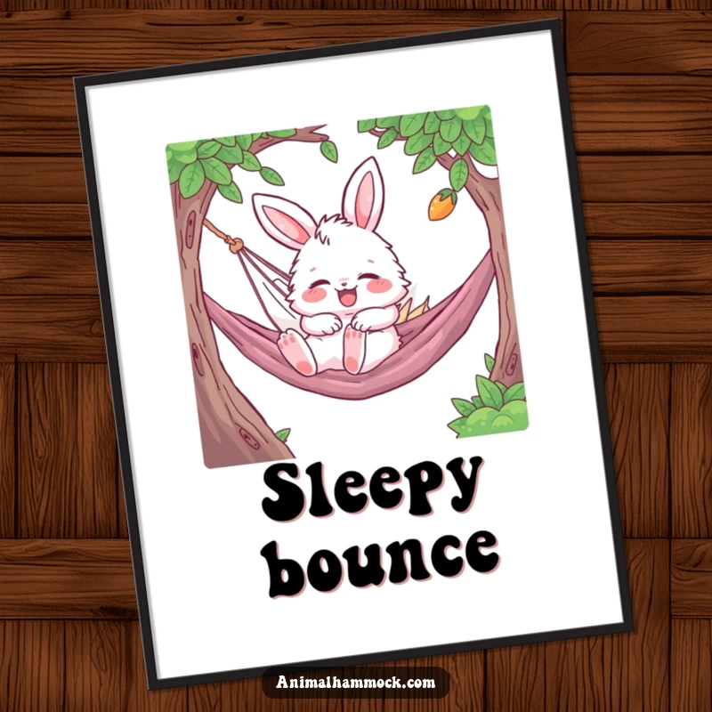 Funny Bunny Digital Art Print of a fluffy character gleefully bouncing while napping in a hammock, bringing humor and relaxation to any screen.