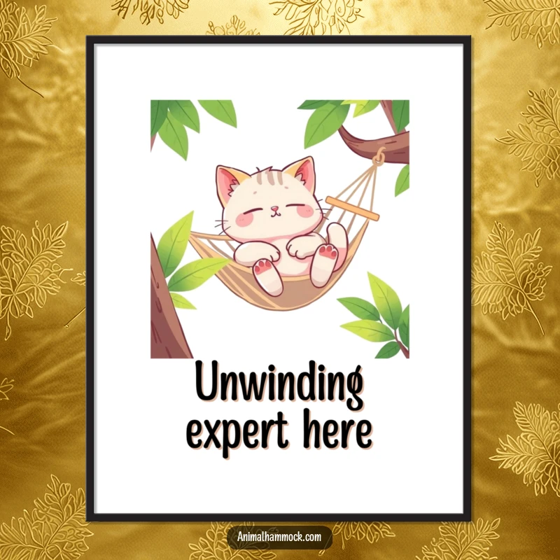 Funny Cat Digital Art Print, a euphoric cat character lounging deeply in a swaying hammock, bringing joy and relaxation.
