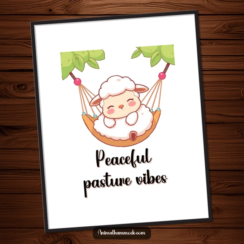 Funny digital art print of a contented sheep lying peacefully in a hammock, perfect for adding serene and humorous charm.