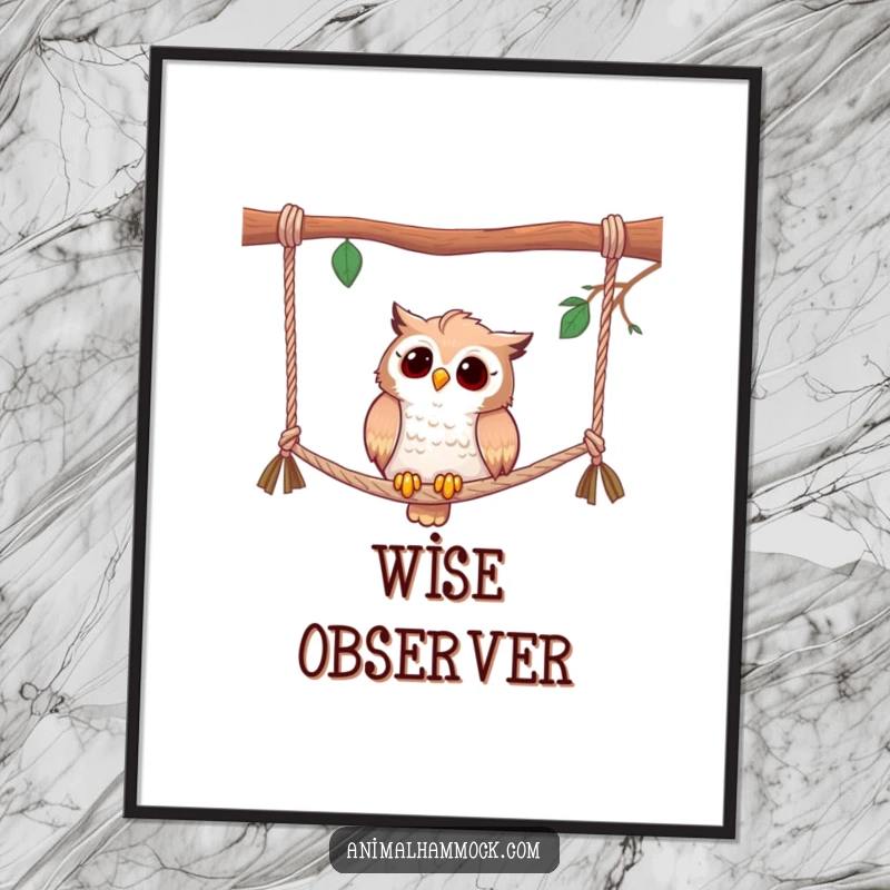 Funny digital art print of a curious owl perched on hammock ropes, perfect for adding wise and humorous observation.