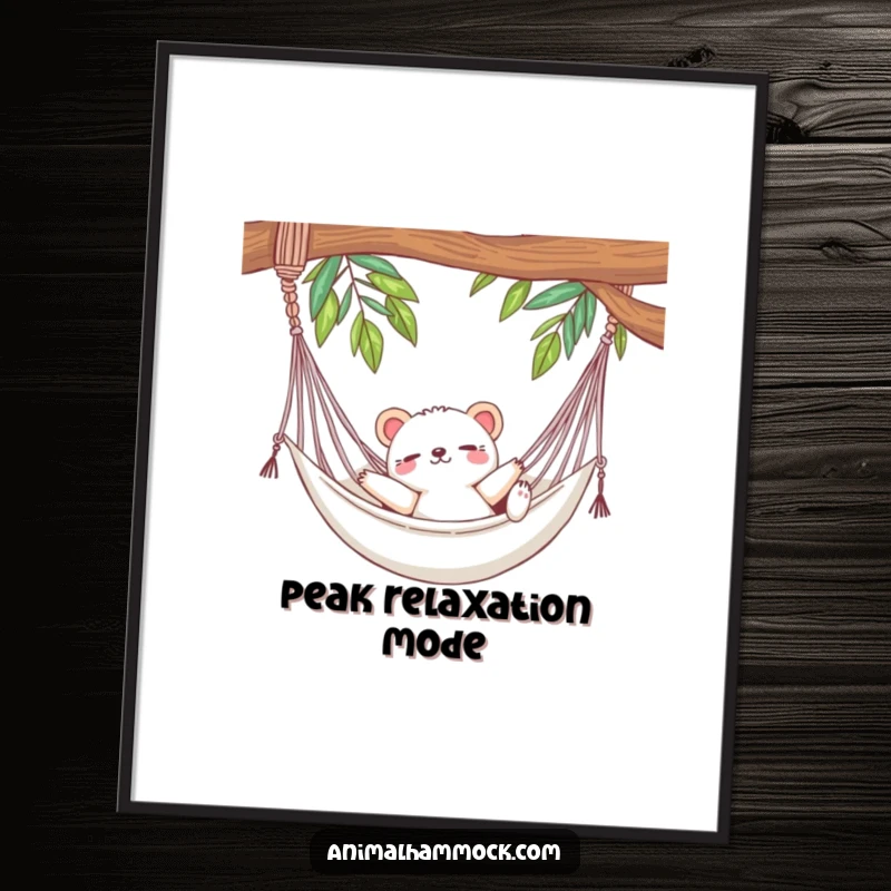Funny digital art print of a cute animal luxuriously stretching in a hammock, radiating hilariously peaceful vibes for ultimate relaxation decor.