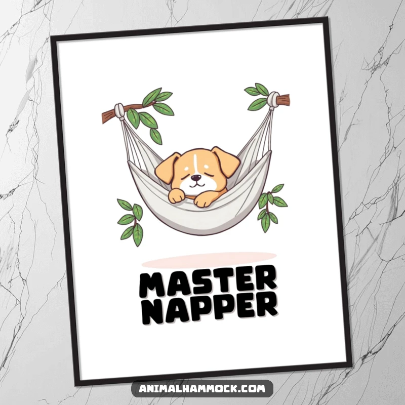 Funny digital art print of a small dog sleeping soundly in a hammock, capturing a moment of ultimate peace and relaxation. Perfect decor.
