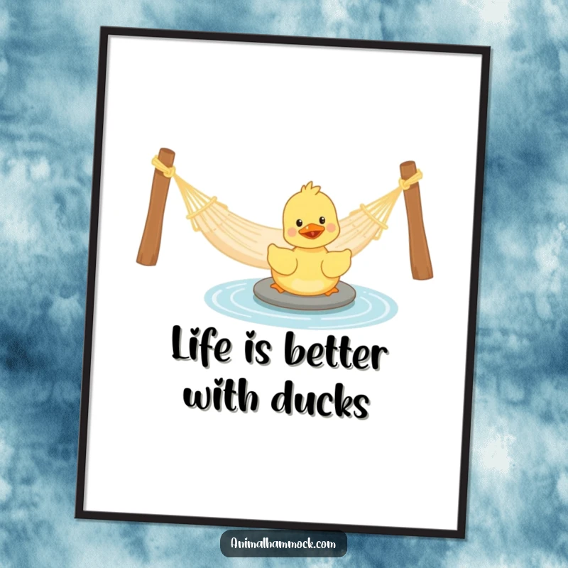 Funny Duckling Hammock Digital Art Print: A cheerful digital artwork of a playful duckling paddling near a hammock, adding comedic fun and aquatic charm to any room.