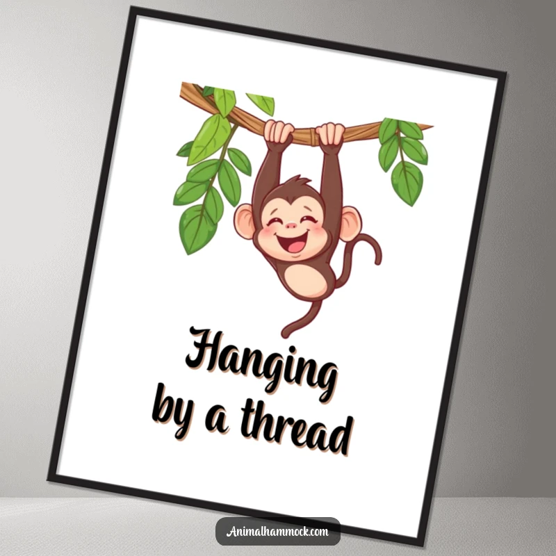 Funny monkey digital art print of a giggling primate hanging upside down in a hammock, radiating pure amusement and lightheartedness.