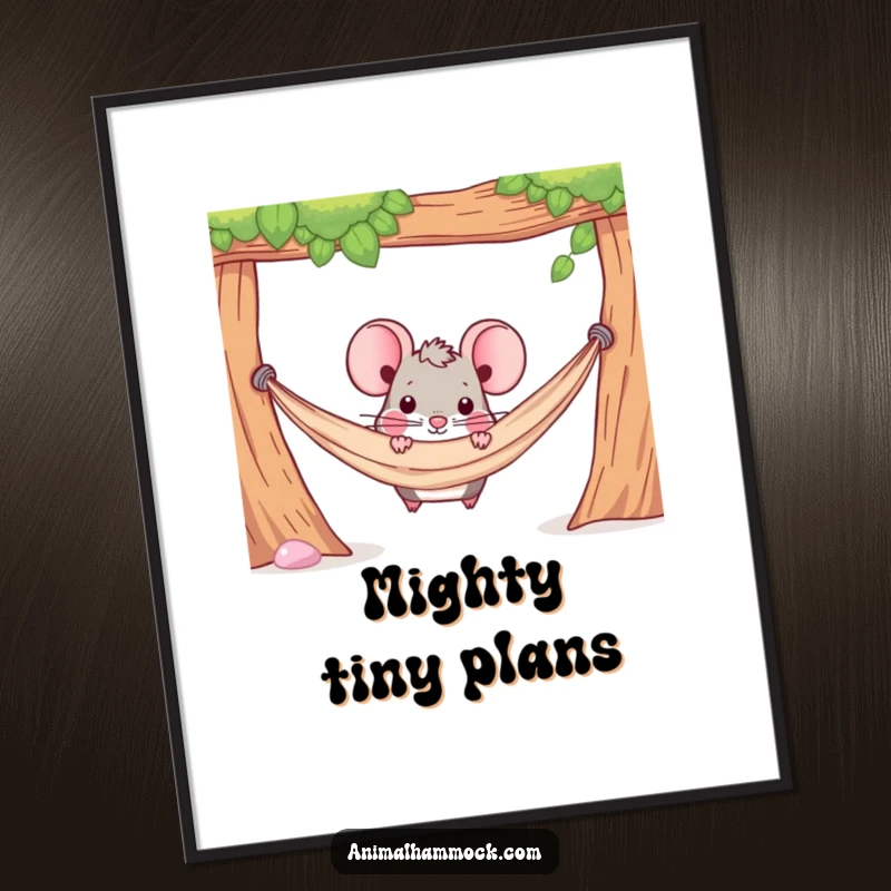 Funny digital art print of a determined mouse character peeking out from under a hammock, symbolizing watchful curiosity.