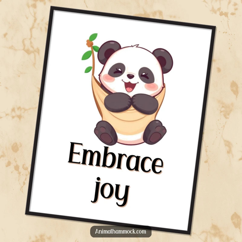 Funny digital art print of a happy panda squeezing a hammock with pure delight, symbolizing comfort and abundant joy. Perfect decor.