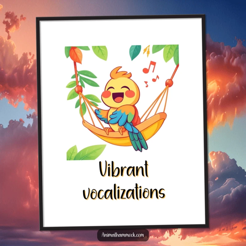 Funny joyous parrot singing from a brightly colored hammock, high-resolution digital art print, capturing vibrant energy and charm for home decor.