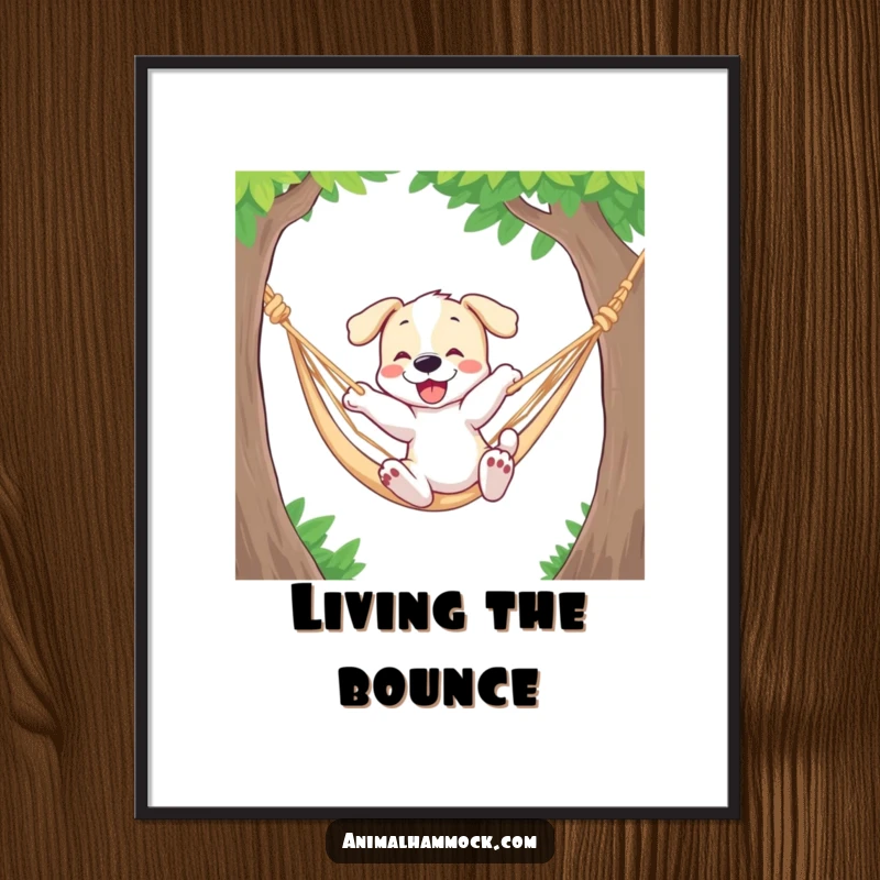 Funny digital art print of a playful puppy bouncing in a hammock, perfect for adding energetic and humorous canine joy.
