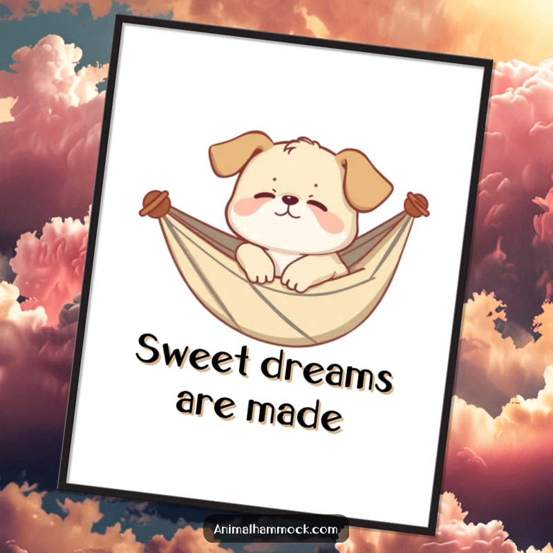 Funny puppy digital art print of a giggling puppy sleeping soundly in a hammock, ideal for instant, humorous home decor. High-quality and amusing.