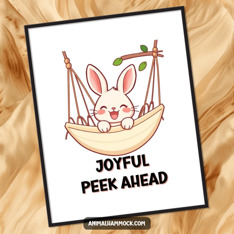 Funny rabbit digital art print of a joyful rabbit peeking over the edge of a hammock, capturing relaxed happiness.