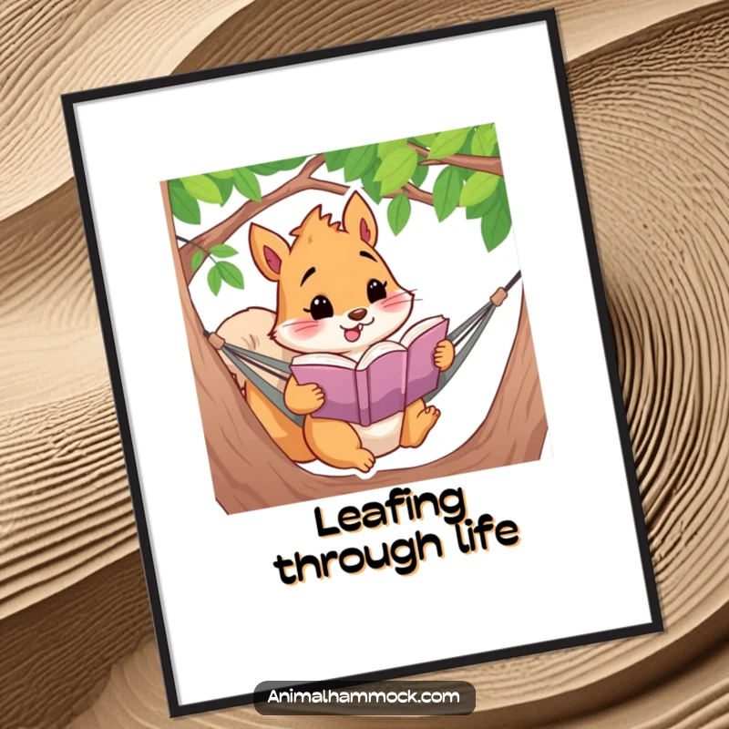 Funny squirrel character enthusiastically reading a book in a hammock, available as an instant digital art print for home decor.