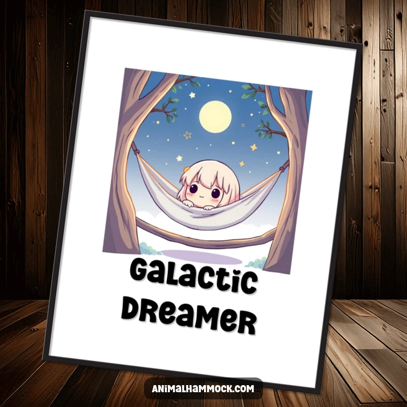 Funny digital art print of a cute character in a hammock, gazing at a starry, moonlit sky, perfect for inspiring wall decor.
