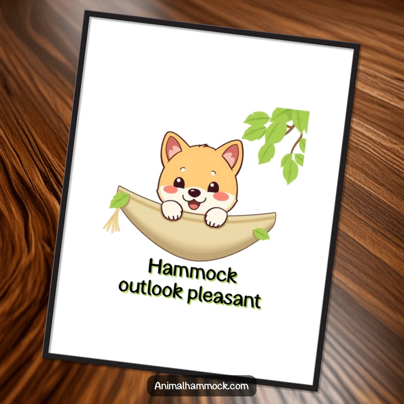 Funny Shiba Inu digital art print of a playful puppy cheerfully peeking over a hammock, perfect for charming wall decor, a unique funny gift.