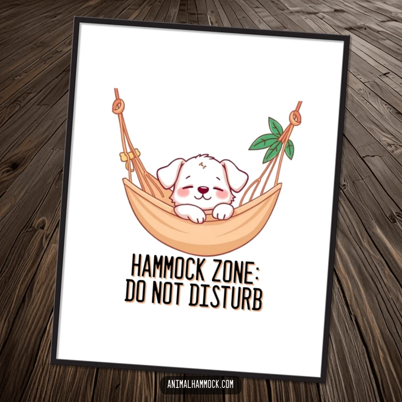 Funny puppy character napping soundly in a hammock, presented as a downloadable digital art print for humorous wall decor.