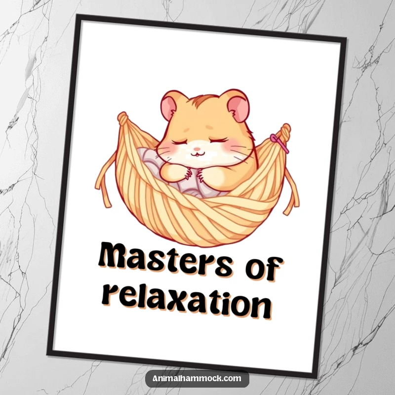 Funny digital art print of a content hamster character sleeping soundly in a yarn hammock, ready to add humor to any room.