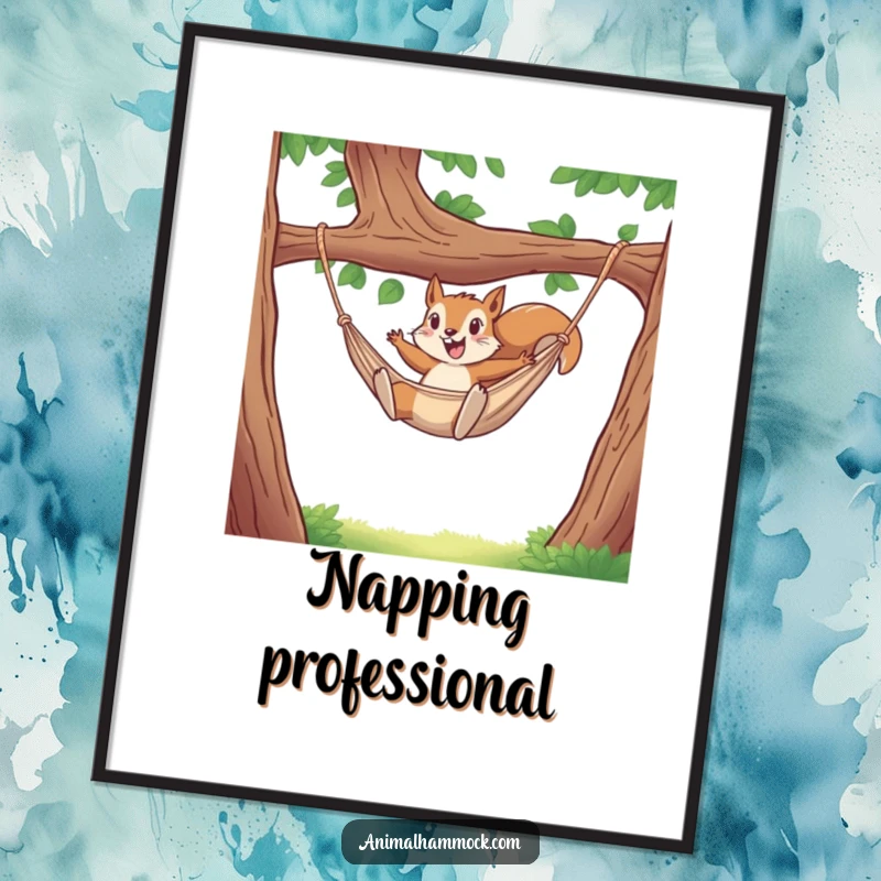 Funny digital art print of a squirrel mid-leap into a hammock, capturing a moment of pure, unadulterated fun and excitement. Perfect decor.