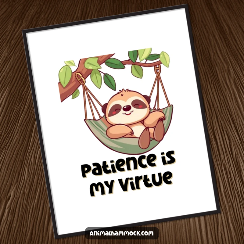 Funny sloth digital art print of a cheerful sloth lounging in a hammock, ideal for instant, humorous wall decor. High-quality and amusing.