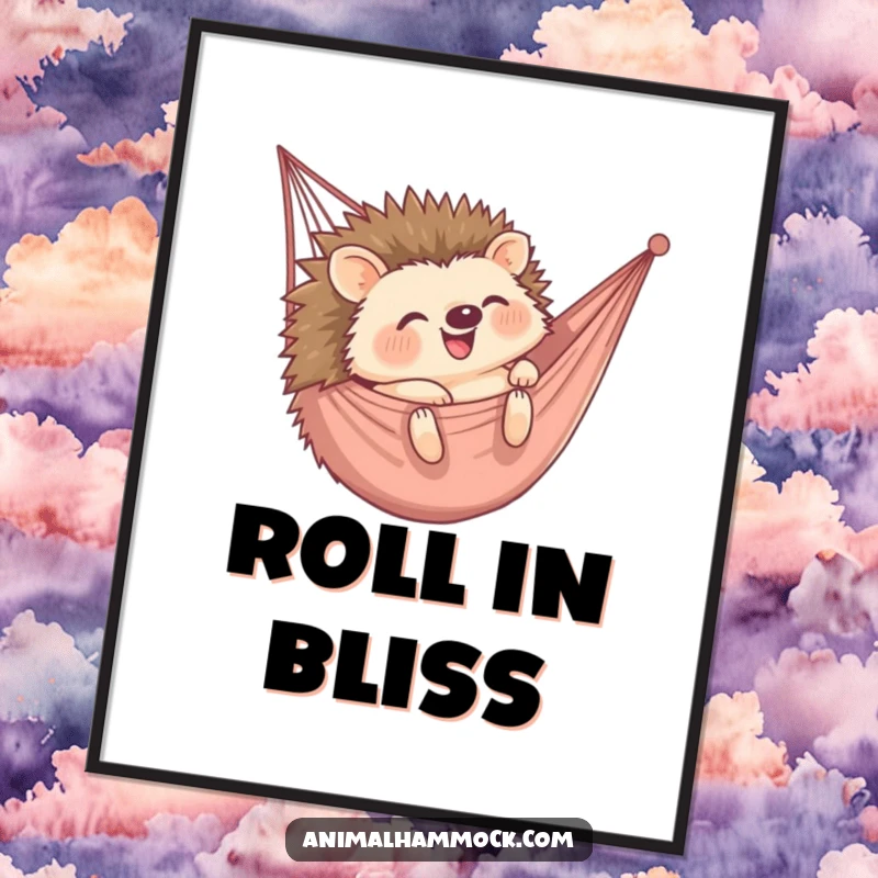 Funny digital art print of a happy hedgehog tumbling into a hammock, capturing a moment of pure, unadulterated fun and giggles. Perfect decor.